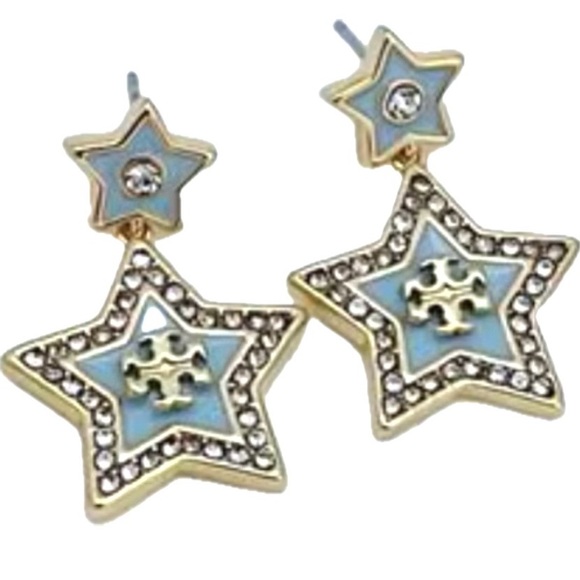 Tory Burch Jewelry - TORY BURCH GOLD + BLUE LOGO PAVÉ FALLING STAR DROP EARRINGS